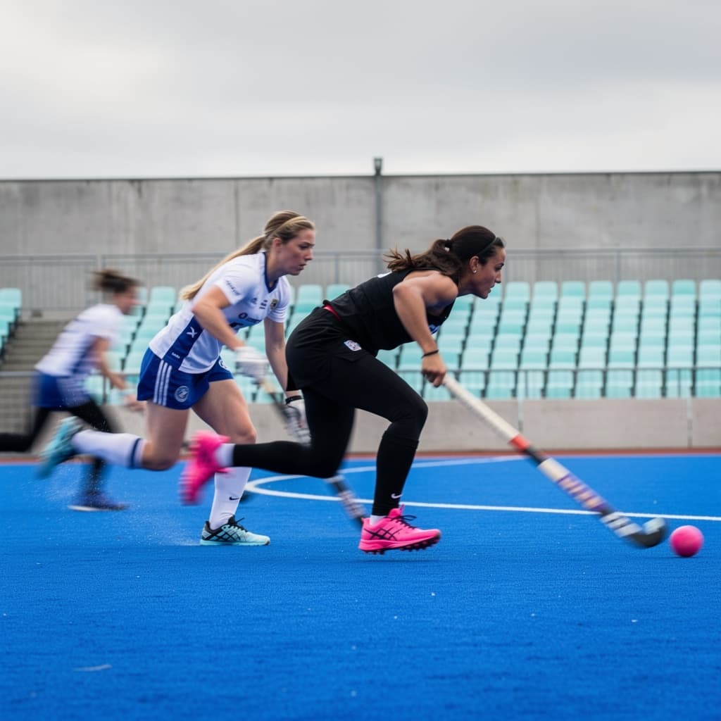Two field hockey players are captured in a fast, motion-blurred close view on a vivid blue synthetic turf pitch, leaning low as they chase a pink ball near the lower right edge.
