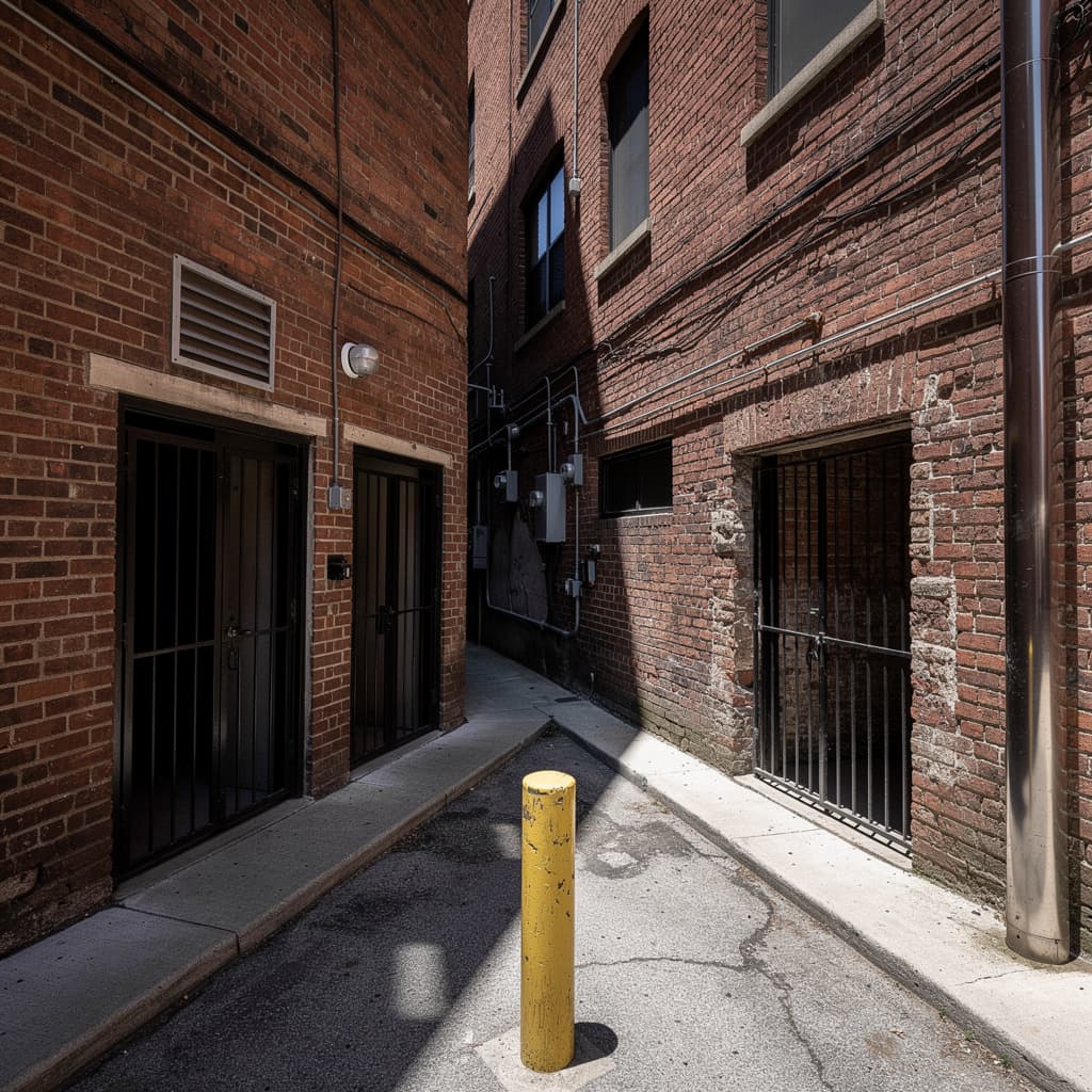 A narrow urban service alley is framed by tall red-brown brick building walls with a tight gap down the center, viewed from close range at ground level.