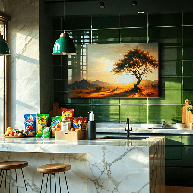 The scene depicts an indoor kitchen area filled with warm, late-afternoon light streaming through unseen windows, casting soft shadows across the space.