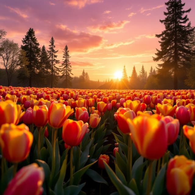 The scene unfolds outdoors in a vibrant tulip field under the clear blue sky of a bright midday sun.