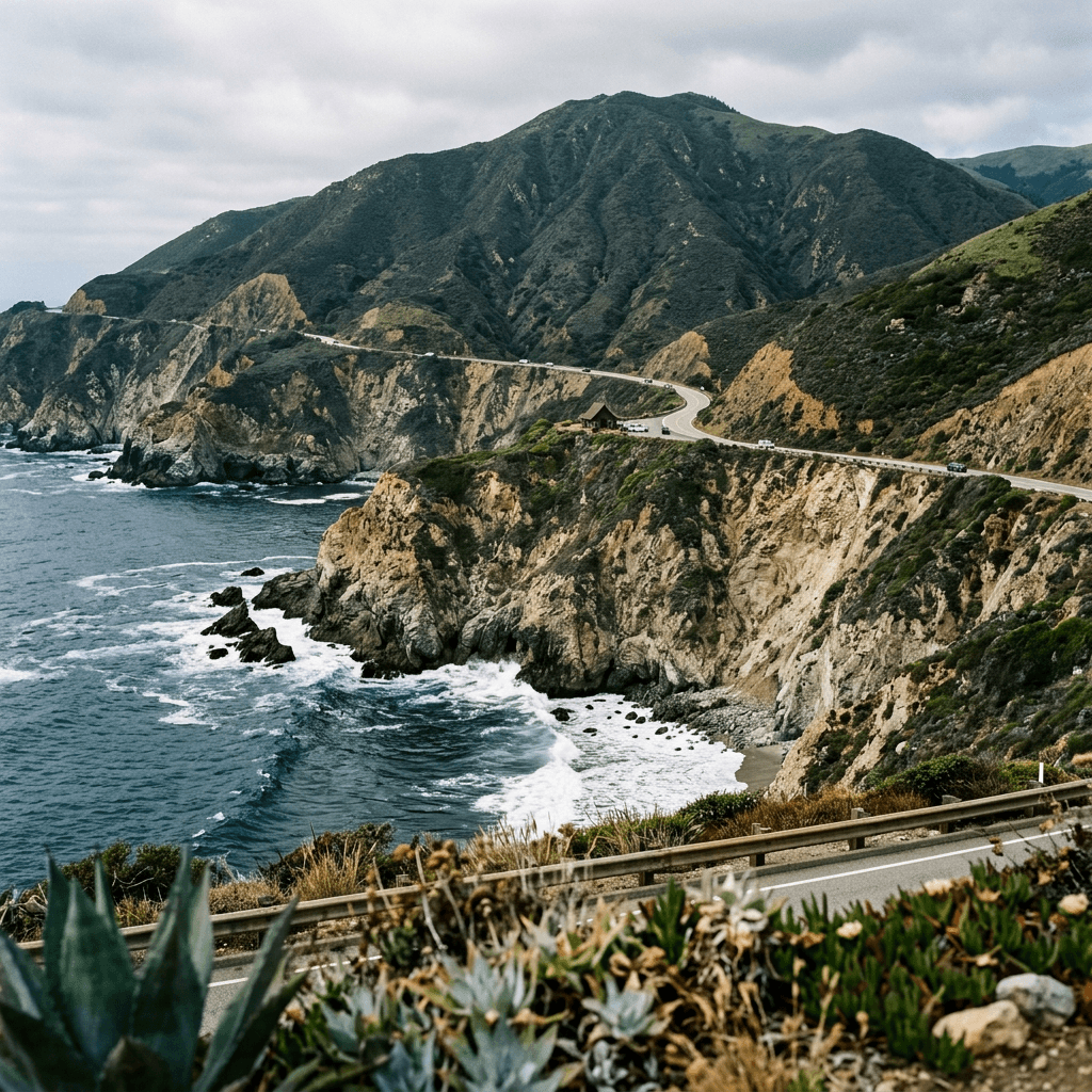 A rugged coastal landscape fills the frame, viewed from a slightly elevated distance across a cove with dark blue-green water and white surf curling along the rocky shore.