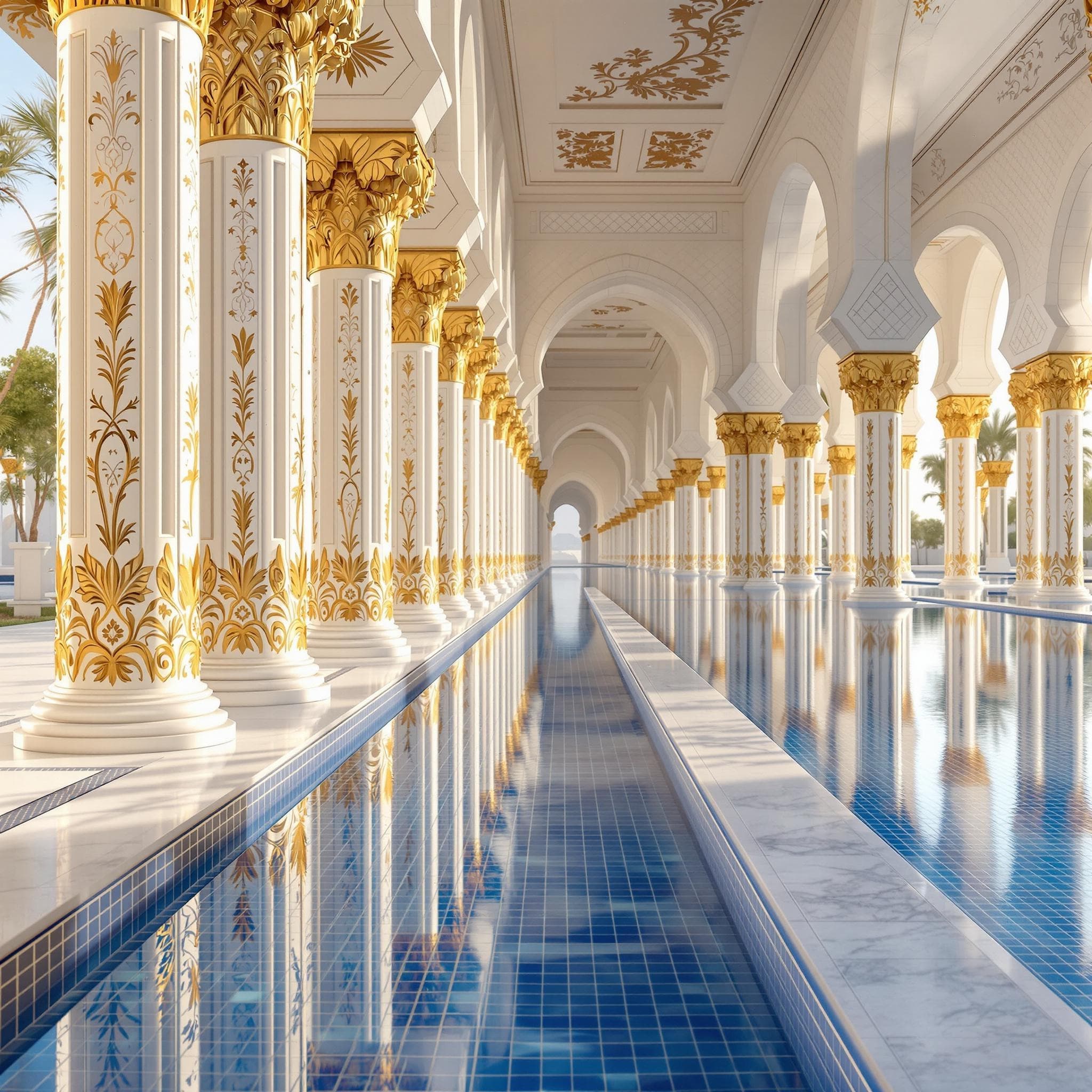 The scene is set outdoors, enveloped in a serene and tranquil atmosphere, likely during early morning or late afternoon, evidenced by the soft lighting casting gentle reflections.