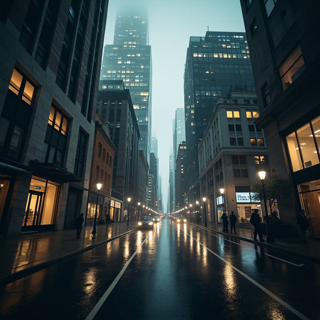 The scene depicts an urban outdoor setting, likely in the late afternoon with a soft golden light permeating the street from the fading sun.