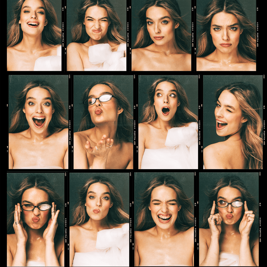 The scene is an indoor setting with a series of portraits captured in an organized grid.