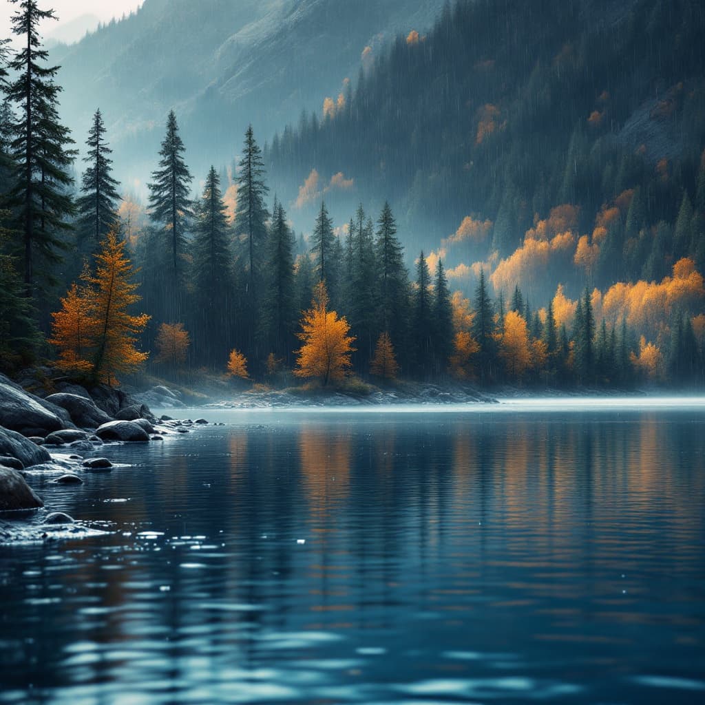 The scene is set outdoors, depicting a serene, densely wooded landscape.