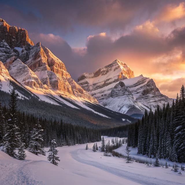 The scene is set outdoors in a breathtaking mountainous landscape, captured during the gentle fade of dusk.