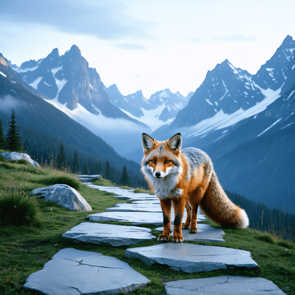 The scene depicts an outdoor setting, likely in a mountainous area, during the soft glow of morning or perhaps the gentle fade of dusk.