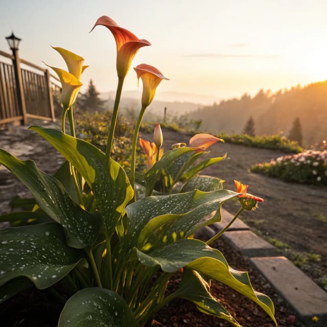 The scene is set outdoors, bathed in bright, natural daylight that casts distinct shadows and highlights the fresh, vibrant colors of the setting.