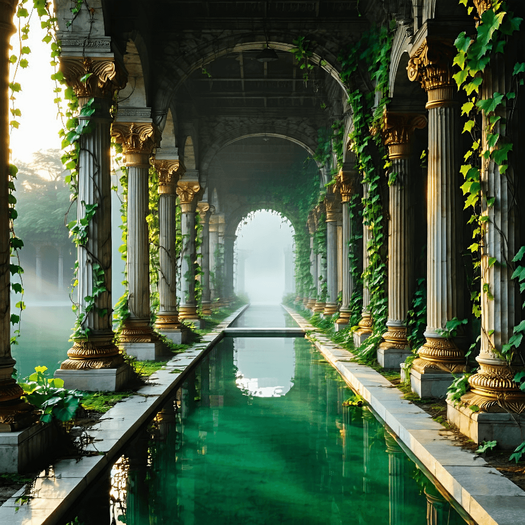 The scene is set outdoors, enveloped in a serene and tranquil atmosphere, likely during early morning or late afternoon, evidenced by the soft lighting casting gentle reflections.