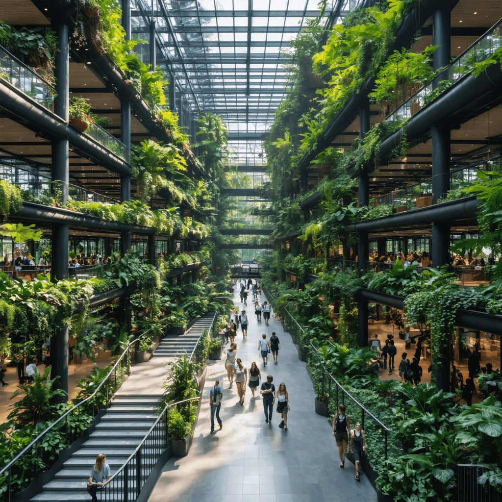 The scene depicts an expansive indoor atrium with a striking architectural design.