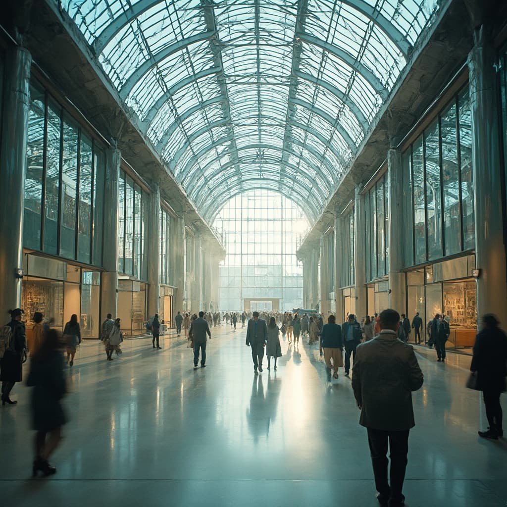 The scene is set indoors within a spectacular architectural atrium, characterized by a high, vaulted glass ceiling arching above, allowing natural light to filter in.