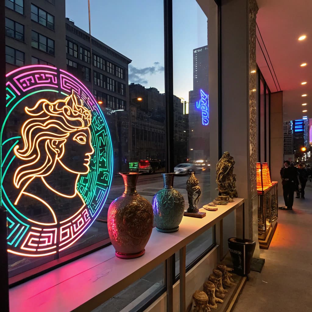 The scene unfolds indoors, most likely within a vibrant, urban setting characterized by a dazzling array of neon lights.