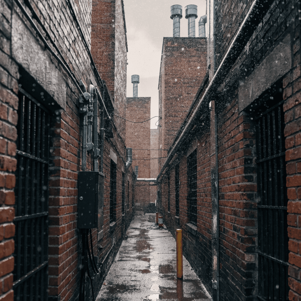 A narrow urban service alley is framed by tall red-brown brick building walls with a tight gap down the center, viewed from close range at ground level.