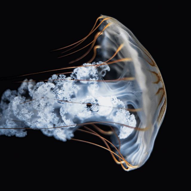 The scene is set underwater, enveloped in the deep darkness of the ocean's depths, with no natural light penetrating the surroundings.