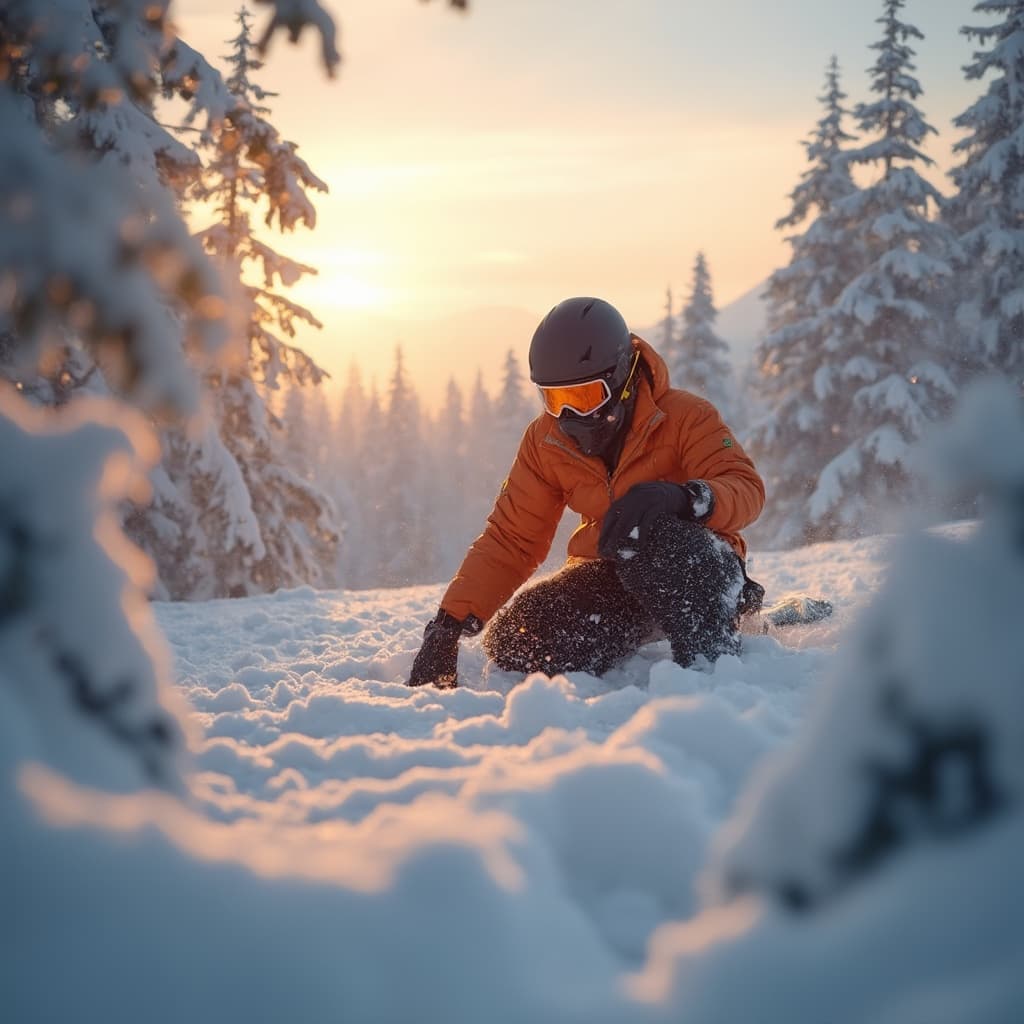 The scene is set outdoors amid a snowy landscape, likely in a mountainous area.