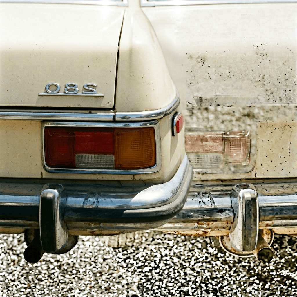 Close-up of the rear corner of a vintage cream-colored car, filling most of the frame at a slight downward angle.